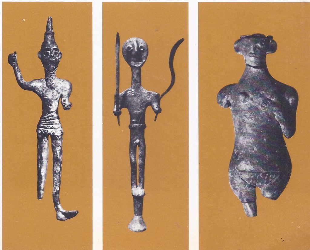 Three Canaanite idols : the weather god (left), holding a thunderbolt; deity holding a spear and a sword (center) -- possibly Resheph, god of thunder and lightning : female figure from Beirut (right), possibly the goddess Astare. 