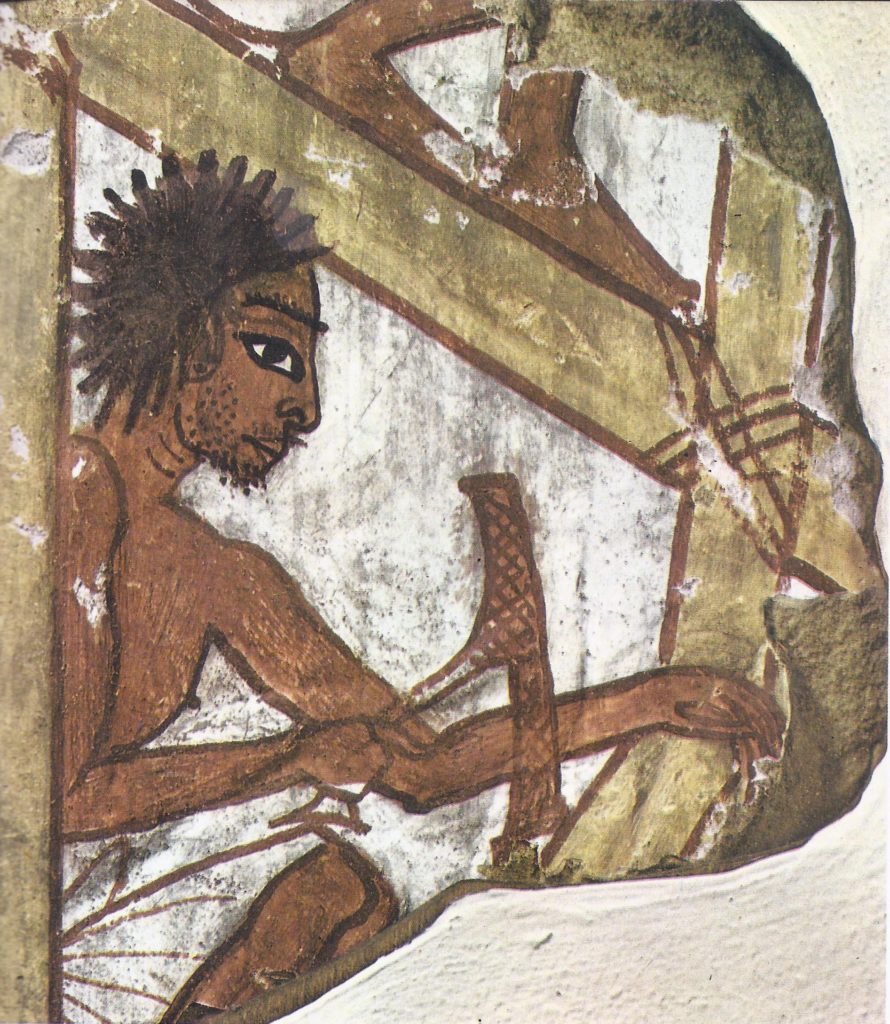 An Egyptian fresco showing a carpenter at work. 