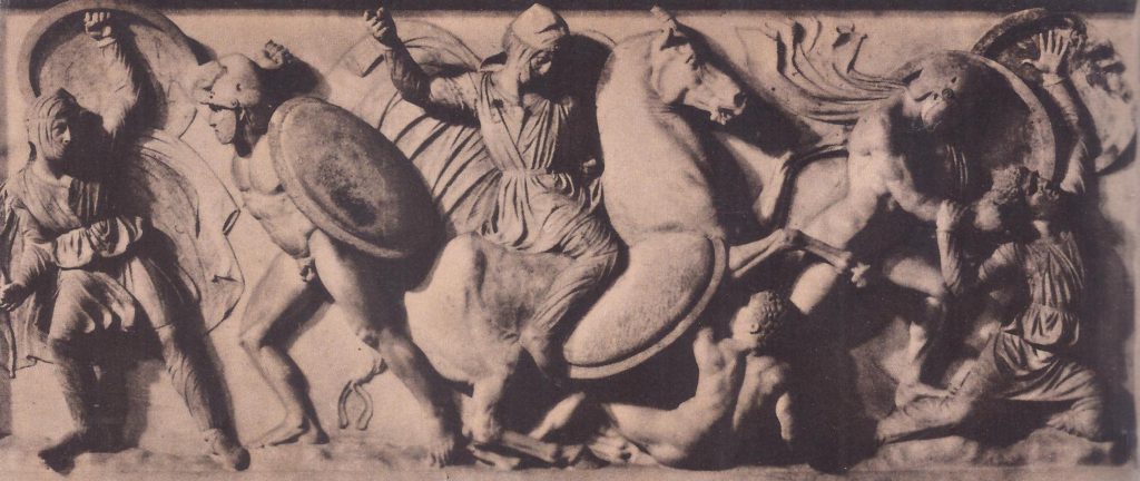 Greek soldiers fighting Asiatics: a relief panel from the "Alexander Sarcophagus", which was found in the royal cemetery at Sidon, Phoenicia and dates from the late fourth century B.C.