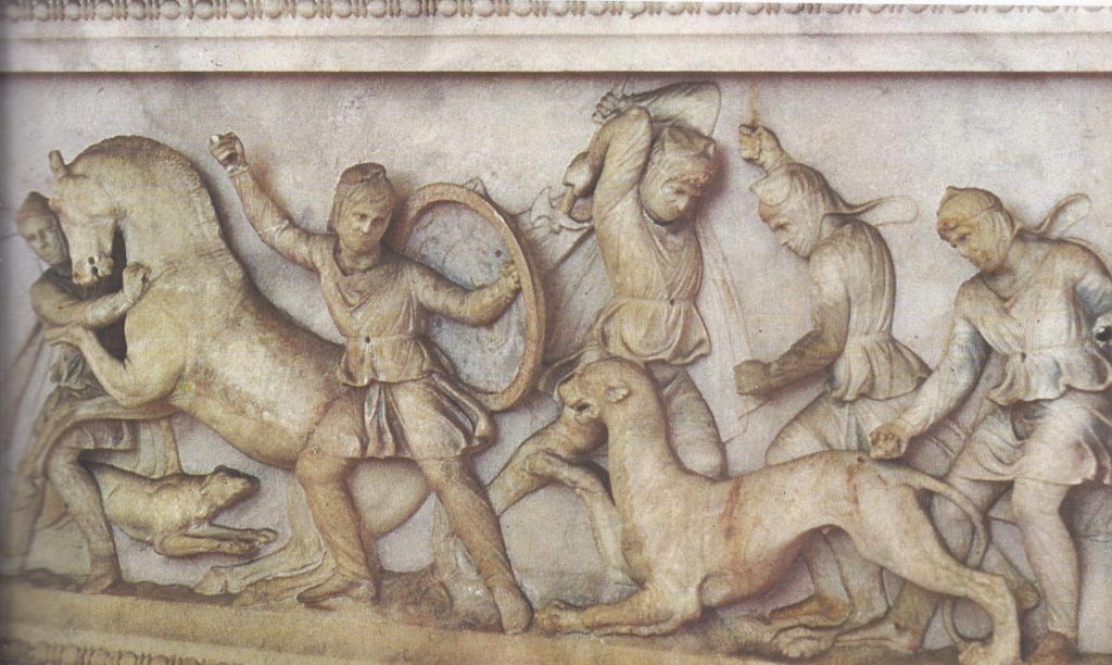 Asiatics in Persian dress fighting a lioness; a relief panel from the "Alexander Sarcophagus."