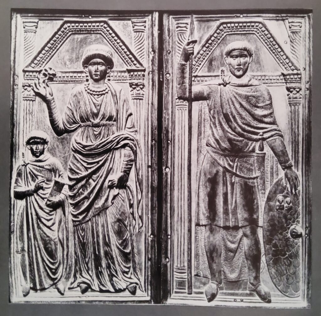 An ivory diptych in Monza Cathedral, traditionally said to represent Aetius, the defender of Gaul, his murderer the future Valentinian III and the princess Galla Placidia. (Some scholars prefer to identify the portraits as the Vandal Stilicho and his family.)